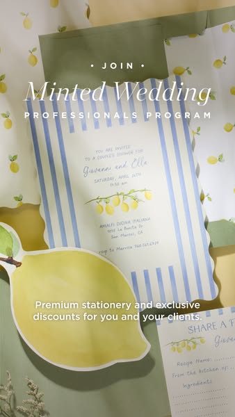 This image ad for Minted Wedding Professionals Program highlights its premium stationery and exclusive discounts for cli