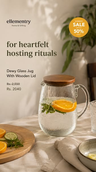 This image ad promotes Ellementry's 'Dewy Glass Jug With Wooden Lid,' highlighting its aesthetic appeal for 