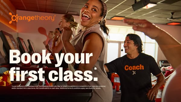 This Orangetheory Fitness image ad invites prospective customers to book their first class. It shows members in an Orang