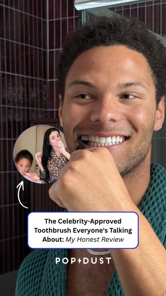 A split-screen testimonial ad for a toothbrush, featuring a man brushing his teeth while an inset video shows a woman an