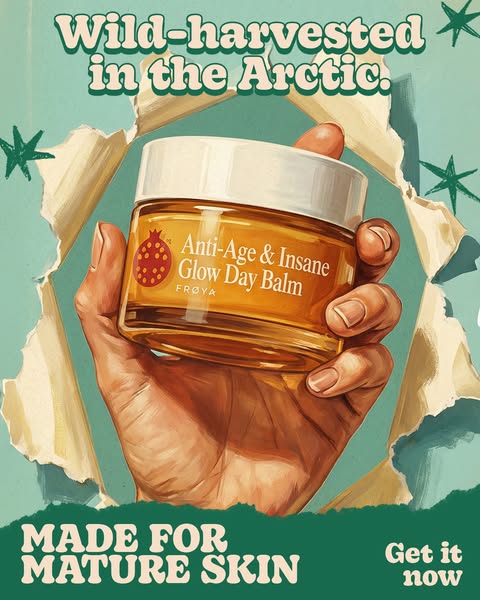 This image ad highlights the wild harvested nature of the product ingredients and the anti-aging aspects of the FRØYA