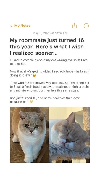 This image ad uses a notes app screenshot to tell the story of a cat owner whose cat has thrived since switching to the 