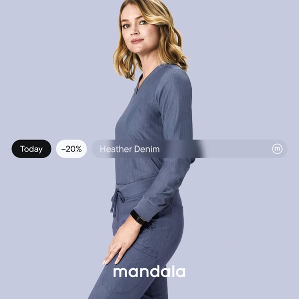 This ad features a woman wearing a heather denim colored matching top and bottom set from Mandala. The ad also features 