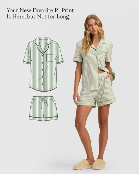 This ad showcases a pajama set with green and white vertical stripes. The ad emphasizes the limited availability of the 