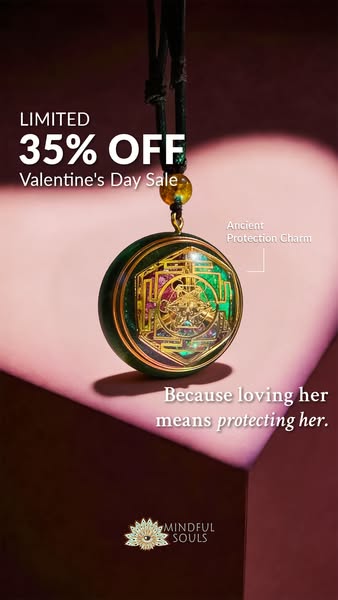 This ad for Mindful Souls features an 'Ancient Protection Charm' necklace, highlighting a limited-time 35% off V
