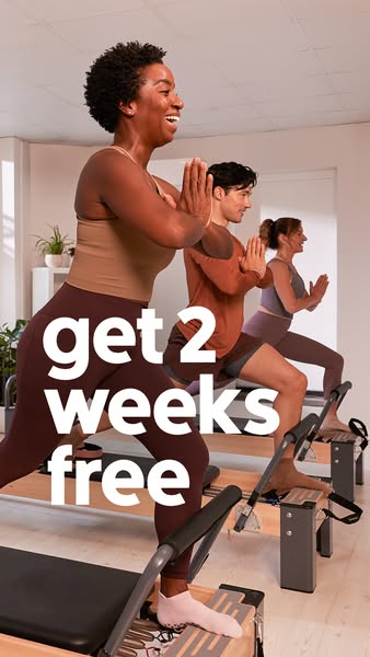 This ad promotes a pilates studio by offering a free two-week trial. The ad features three people in a pilates class, al