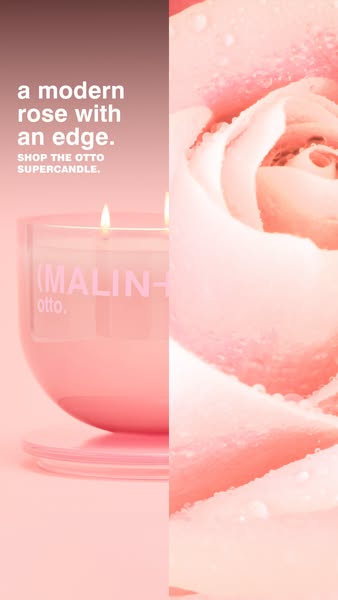 This ad showcases the MALIN+GOETZ otto scented candle, describing it as a modern rose with an edge.