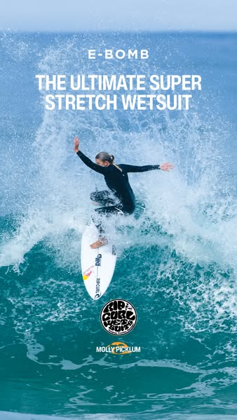 This image ad for Rip Curl promotes its E-Bomb wetsuit by showing a surfer riding a wave. The ad highlights the wetsuit&