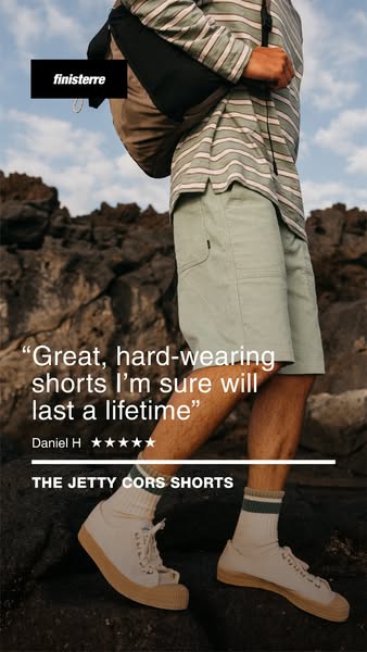 The ad features a person wearing Finisterre shorts in an outdoor environment. A customer review is displayed as social p