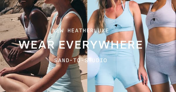 This image ad showcases women's athletic wear in a split-screen format, highlighting its versatility from casual set