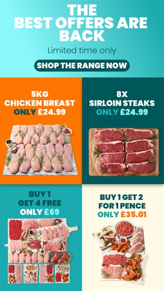 This ad showcases various meat products and offers from a butcher or meat supplier. It features deals like 'Buy 1 Ge