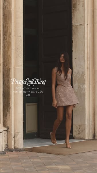 This ad promotes PrettyLittleThing, highlighting a sale of 50% off or more on everything plus an extra 20% off. The ad f