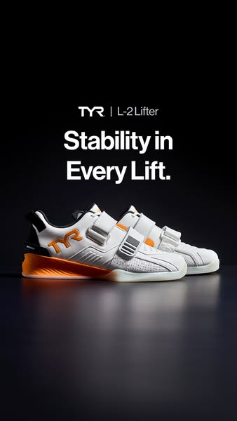 This ad showcases a pair of TYR L-2 Lifter weightlifting shoes against a dark background. The headline emphasizes the sh