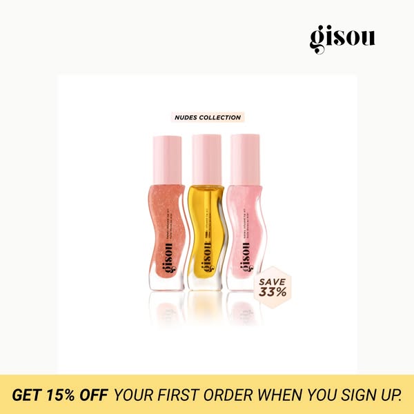 This ad features three Gisou Honey Infused Lip Oil products and promotes a discount for new customers.