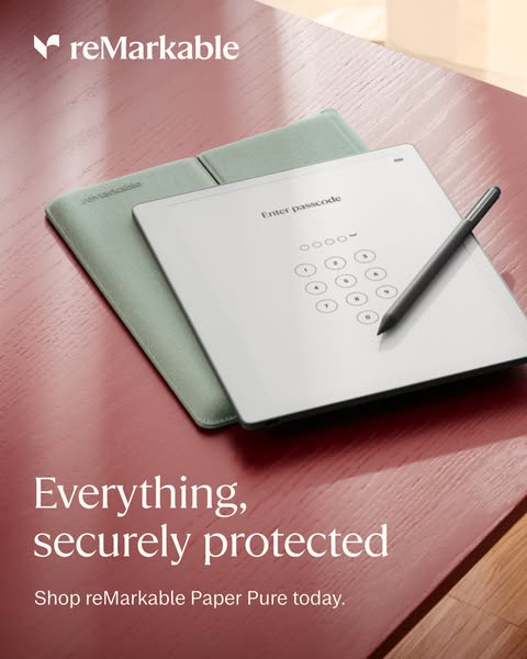A product showcase ad for reMarkable Paper Pure tablet. The ad highlights the password protect feature.