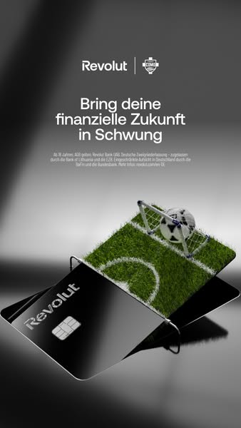 This ad for Revolut features an image of a black Revolut card that is partially emerging from a soccer field. The ad cop