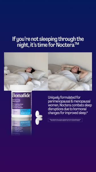 The ad presents a woman who is not sleeping well and promotes a sleep aid product, Noctera by Bonafide, as a solution. I