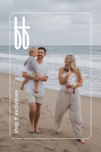 This ad features a family standing on a beach to promote exclusives. The image is framed by a white border with rounded 