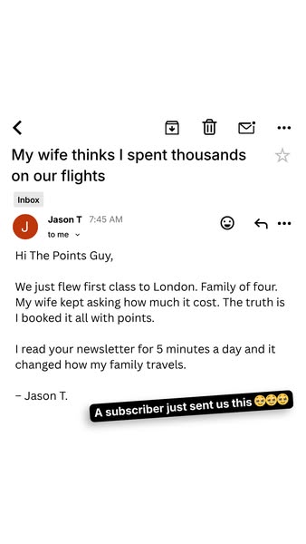 This ad for The Points Guy features a screenshot of an email from a subscriber who says that reading the brand's new
