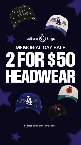 This image ad by Culture Kings promotes a Memorial Day Sale for headwear. For a limited time, customers can purchase two