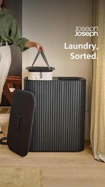This ad showcases Joseph Joseph's laundry storage solution, emphasizing its design and functionality for sorting lau