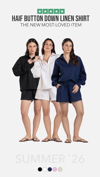 This image ad showcases a half button down linen shirt, promoted as 'the new most-loved item,' and is presented 