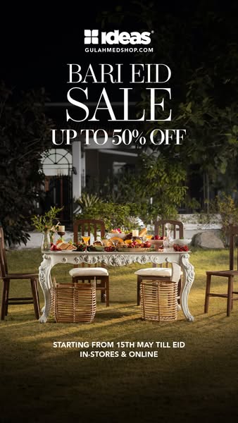 This image ad is for Ideas by GulAhmed, an online retailer, advertising their Bari Eid Sale, offering up to 50% off in-s