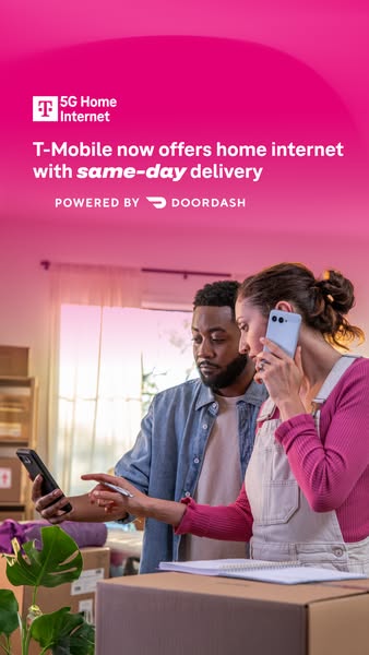 This image ad is promoting T-Mobile's home internet service that is powered by DoorDash and offering same-day delive