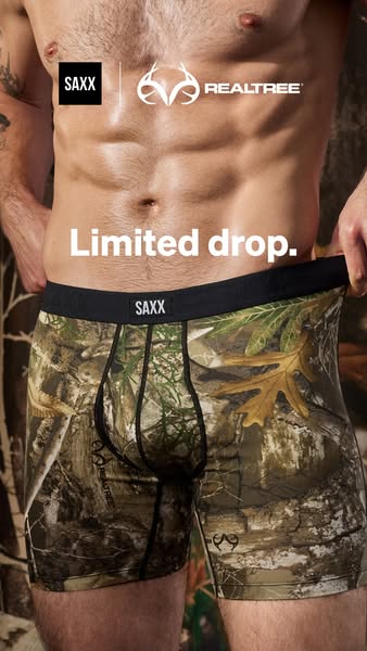 This ad for SAXX Underwear promotes a limited-edition run of boxer briefs in a camouflage design made in collaboration w