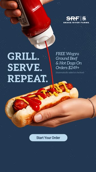 This image ad by Snake River Farms promotes grilling and their products. The ad features a hot dog being topped with ket