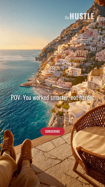 This image ad for The Hustle uses a luxury travel backdrop to suggest that reading their newsletter is the equivalent of
