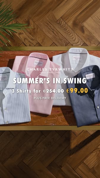 An advertisement for Charles Tyrwhitt is offering three shirts for £99 with free delivery. The shirts include a variety 