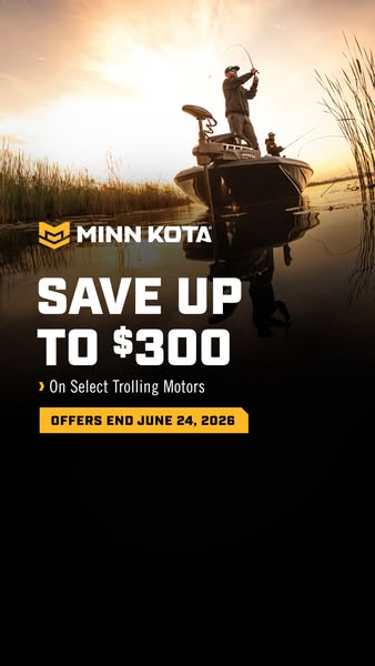 This image ad for Minn Kota promotes savings of up to $300 on select trolling motors, with the offer ending June 24, 202
