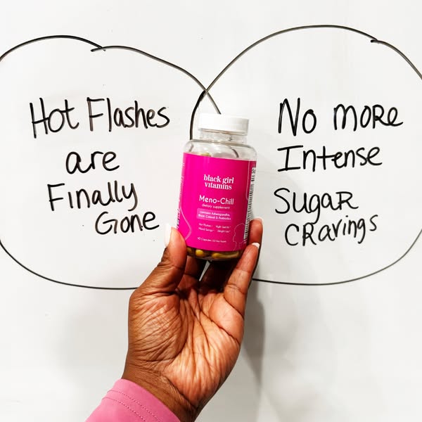 This image ad shows a hand holding the Black Girl Vitamins product, Meno-Chill. Two white circles on either side of the 
