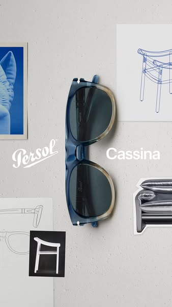 An image ad showcasing Persol sunglasses in collaboration with Cassina. The ad features a pair of sunglasses against a n