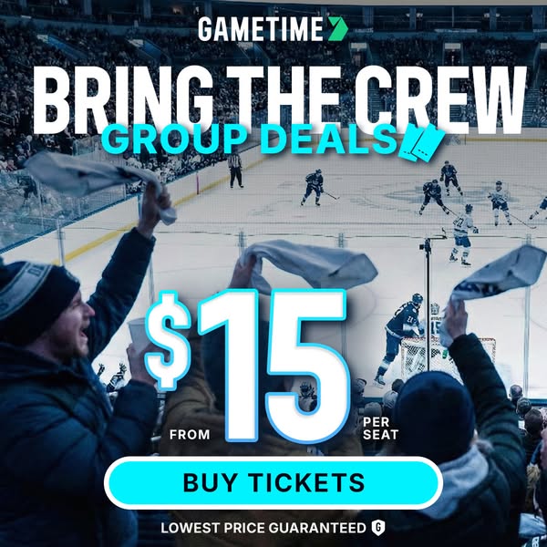 This image ad for Gametime promotes group deals for event tickets, featuring an image of hockey fans in a stadium and hi