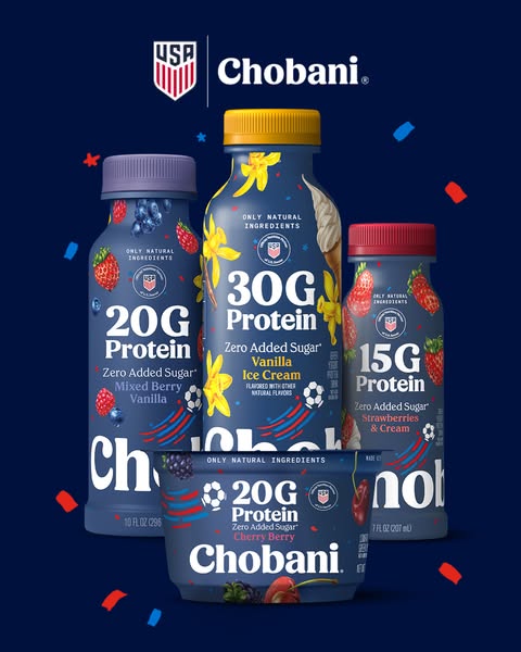 This image promotes Chobani Protein drinks and yogurt. Four different flavors are pictured, each highlighting its protei