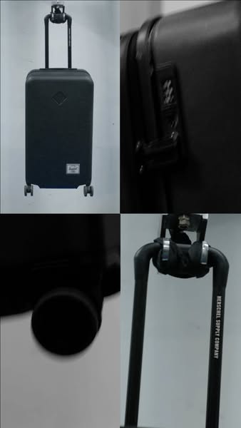 This ad showcases the Herschel suitcase. The ad consists of 4 different angles: full view, the lock, wheel, and handle.