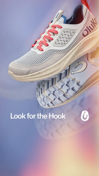 An ad featuring Olukai footwear that invites the viewer to look for the 'hook' with an eye-level view of two sho