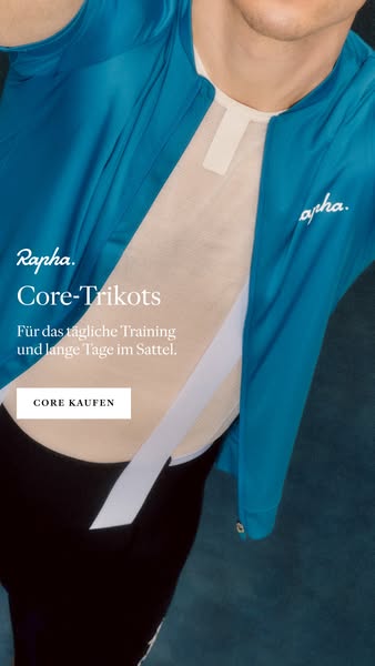 This ad for Rapha promotes their Core-Trikots line, highlighting their suitability for daily training and long days. The