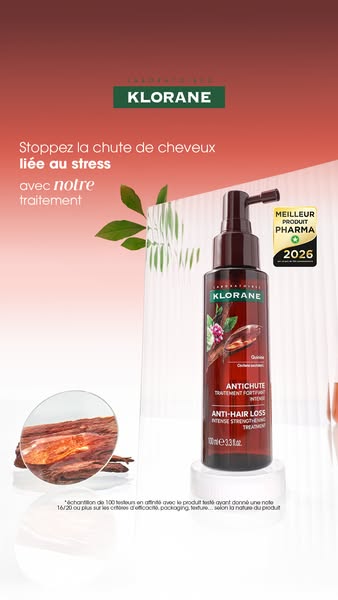 This ad promotes Klorane's anti-hair loss treatment. The ad features the product prominently, alongside text highlig