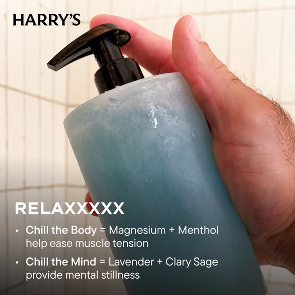 Image ad for Harry's body wash, emphasizing relaxation benefits through ingredients like magnesium, menthol, lavende