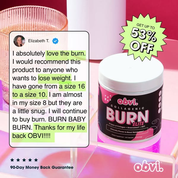 This ad features a customer testimonial for Obvi Collagenic Burn Elite. The testimonial highlights the customer's we