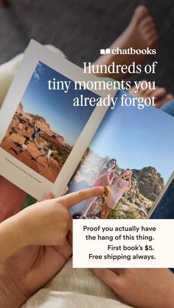 An ad for Chatbooks featuring someone looking through a book of printed photos. The ad highlights the benefit of Chatboo