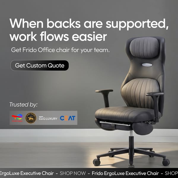 This image promotes the Frido ErgoLuxe Executive Chair. The ad highlights the chair's support for the user's bac