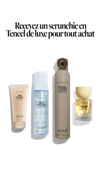 This image showcases various Keune hair products and advertises a free gift with purchase.