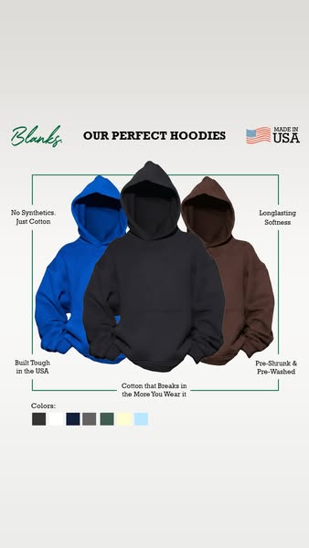 This image ad showcases hoodies from the brand Blanks. The ad highlights features like the use of cotton, being pre-shru
