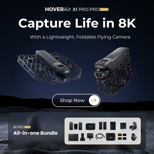 The ad showcases the HOVERAir X1 PRO PRO MAX, a lightweight, foldable flying camera that captures life in 8K. It highlig