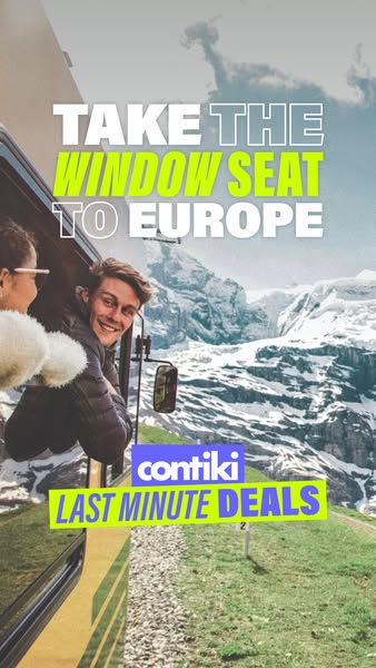 This image ad for Contiki promotes last-minute deals for European trips, framed as an invitation to experience the scene