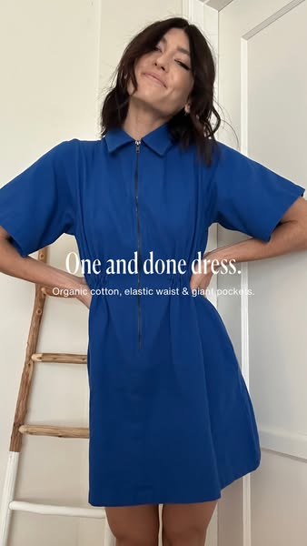 This ad features a woman modeling a blue dress that has organic cotton, an elastic waist, and giant pockets. The ad sell